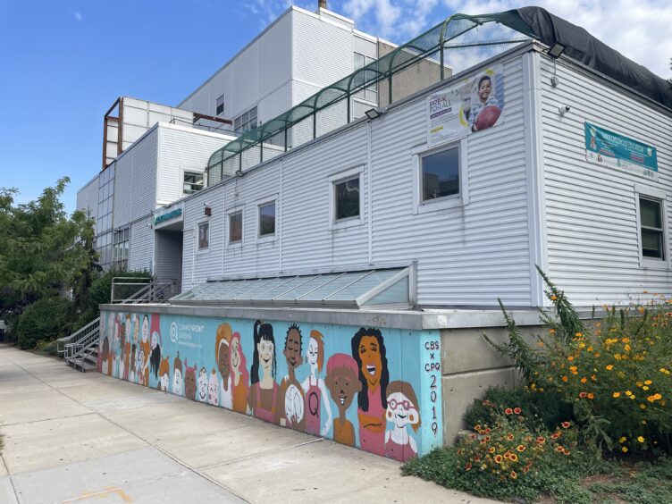 A white building in Central Queens with banners and a mural of diverse cartoon faces on the lower wall, set beside a sidewalk and vibrant flower garden under a blue sky.