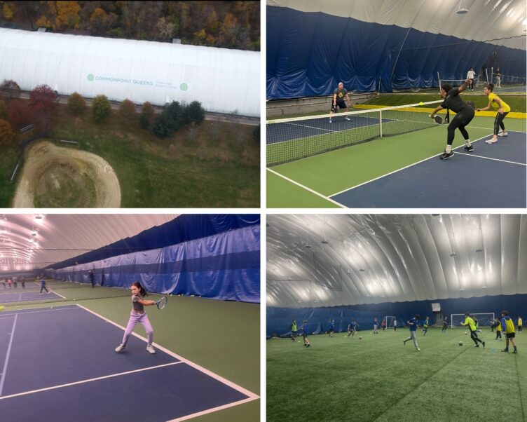Collage of four images: aerial view of Alley Pond Athletic Center, people playing tennis indoors, a girl playing tennis, and kids practicing soccer in a domed facility.