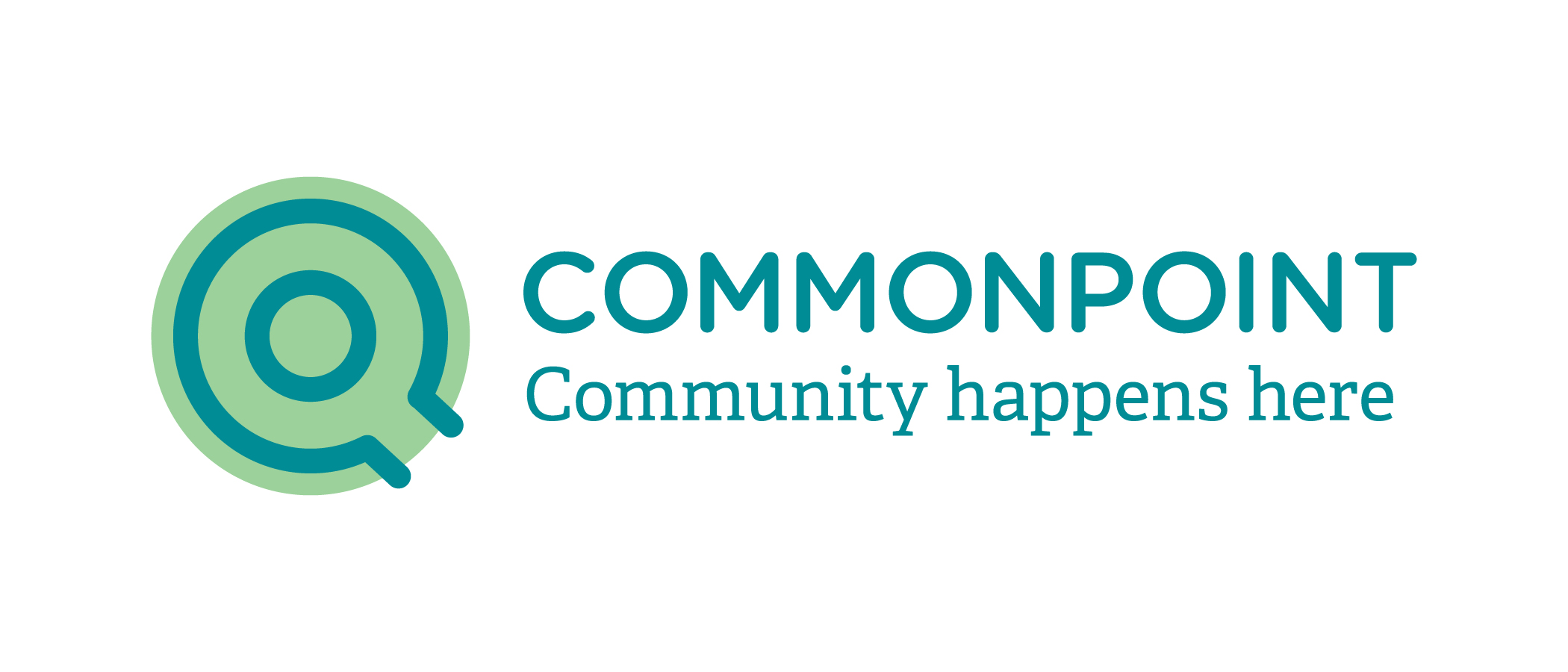 Commonpoint logo featuring a stylized green 'Q' with concentric circles and the text 'Commonpoint Community happens here' in teal beside it, representing Commonpoint Queens.