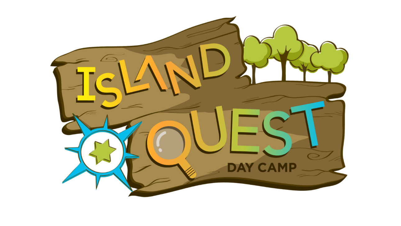 Logo for Island Quest Day Camp featuring colorful text, trees, a compass rose, and a magnifying glass on wood planks, designed with an auto draft process.