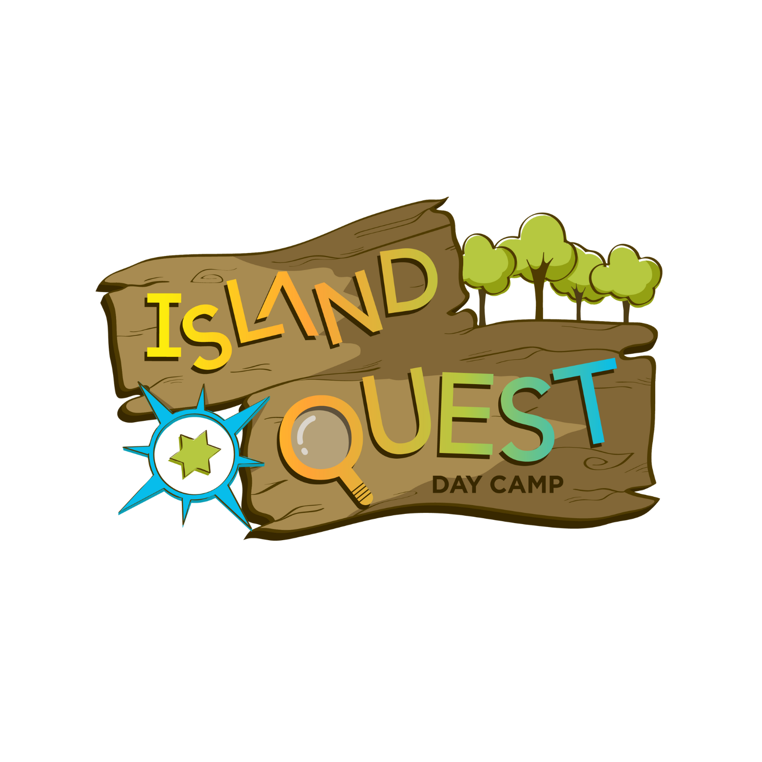 Logo for Island Quest Day Camp featuring colorful text, trees, a compass rose, and a magnifying glass on wood planks, designed with an auto draft process.