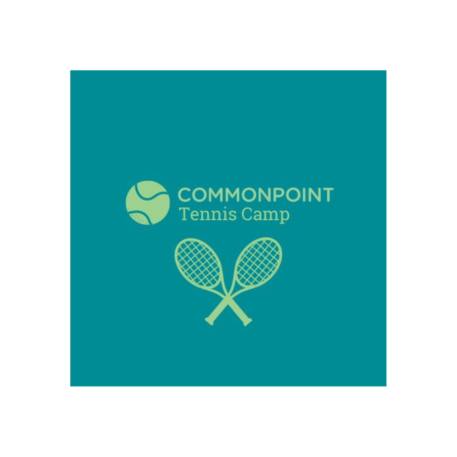 Logo of Commonpoint Tennis Camp featuring two crossed tennis rackets below a tennis ball icon and text on a teal background, designed with precision akin to an Auto Draft.