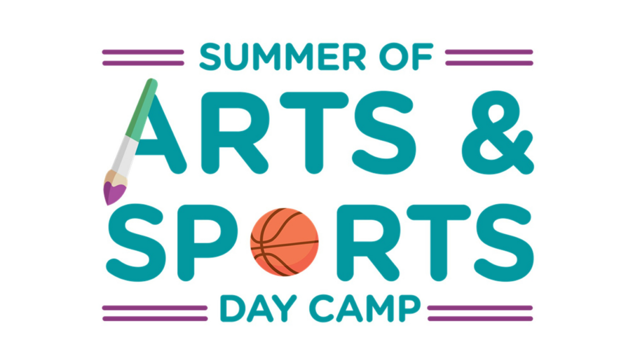 Logo for "Summer of Arts & Auto Draft Sports Day Camp" featuring text, a paintbrush icon, and a basketball icon against a white background.