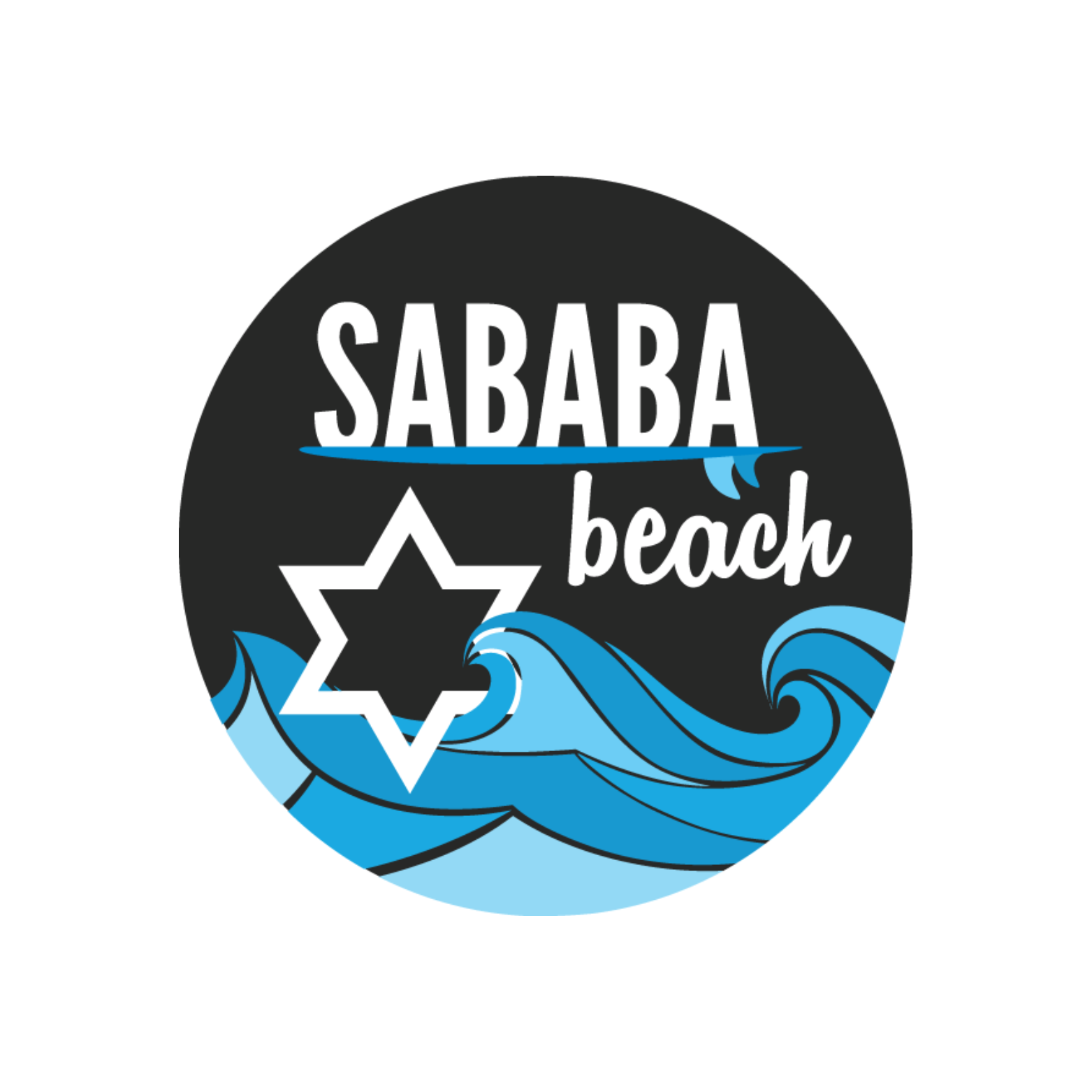 A circular logo featuring the text "Sababa Beach" above a stylized wave and an Auto Draft star outline.