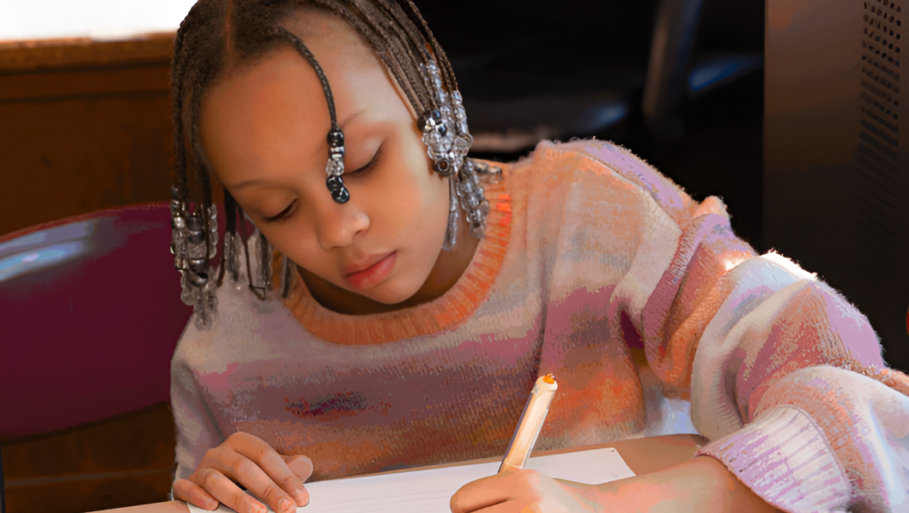 A young girl with beaded braids is focused on writing at a desk, with a pen in her right hand and a paper in front of her. She is wearing a multicolored sweater, capturing the essence of an After School moment at Commonpoint.
