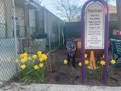 Children's play area sign with safety rules, surrounded by vibrant yellow flowers encouraging everyone to "Feed The Bees" and enjoy the playful atmosphere. Nearby, inviting outdoor seating offers a space to relax and smile at this delightful Common Grounds spot.