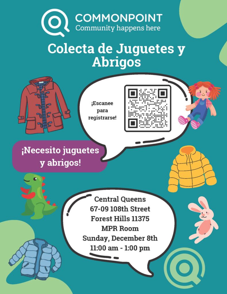 Join us for the Toy and Coat Drive at Central Queens! Discover the joy of giving with our distribution event featuring fun illustrations of coats, toys, and a cartoon dinosaur. Scan the QR code to register. Don't miss out—save the date, time, and location!