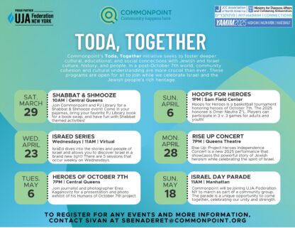 Promotional flyer detailing special events for "Toda, Together." Includes dates, titles, and locations for cultural arts activities from March through October, organized by Commonpoint and associated groups.