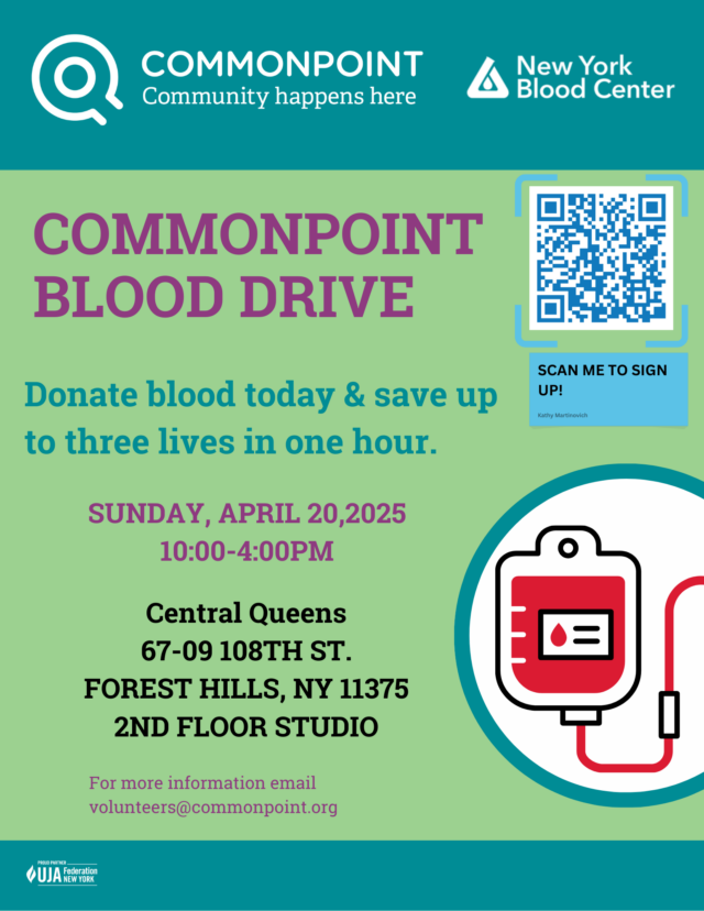 Join us at the Commonpoint Blood Drive on April 20, 2025, from 10:00 AM to 4:00 PM at Forest Hills, NY. Scan the QR code to sign up or email us at volunteers@commonpoint.org to help make a difference.