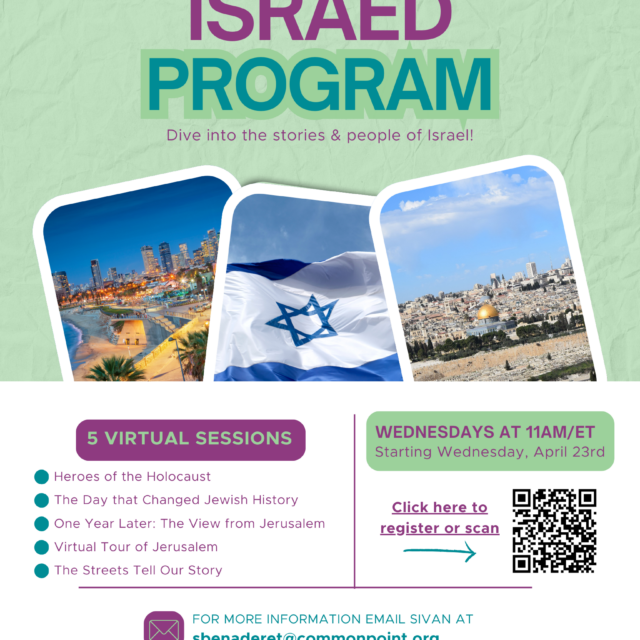 Promotional poster for "Israel Program" featuring virtual sessions on Israel's history and cultural arts. Join us for these special events every Wednesday at 11AM/ET starting April 23rd. Email for contact and registration details.