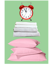 A red alarm clock sits above a stack of white folded linens and two pink pillows, symbolizing the importance of time in resettlement and the vital role volunteer efforts play, all set against a green background.