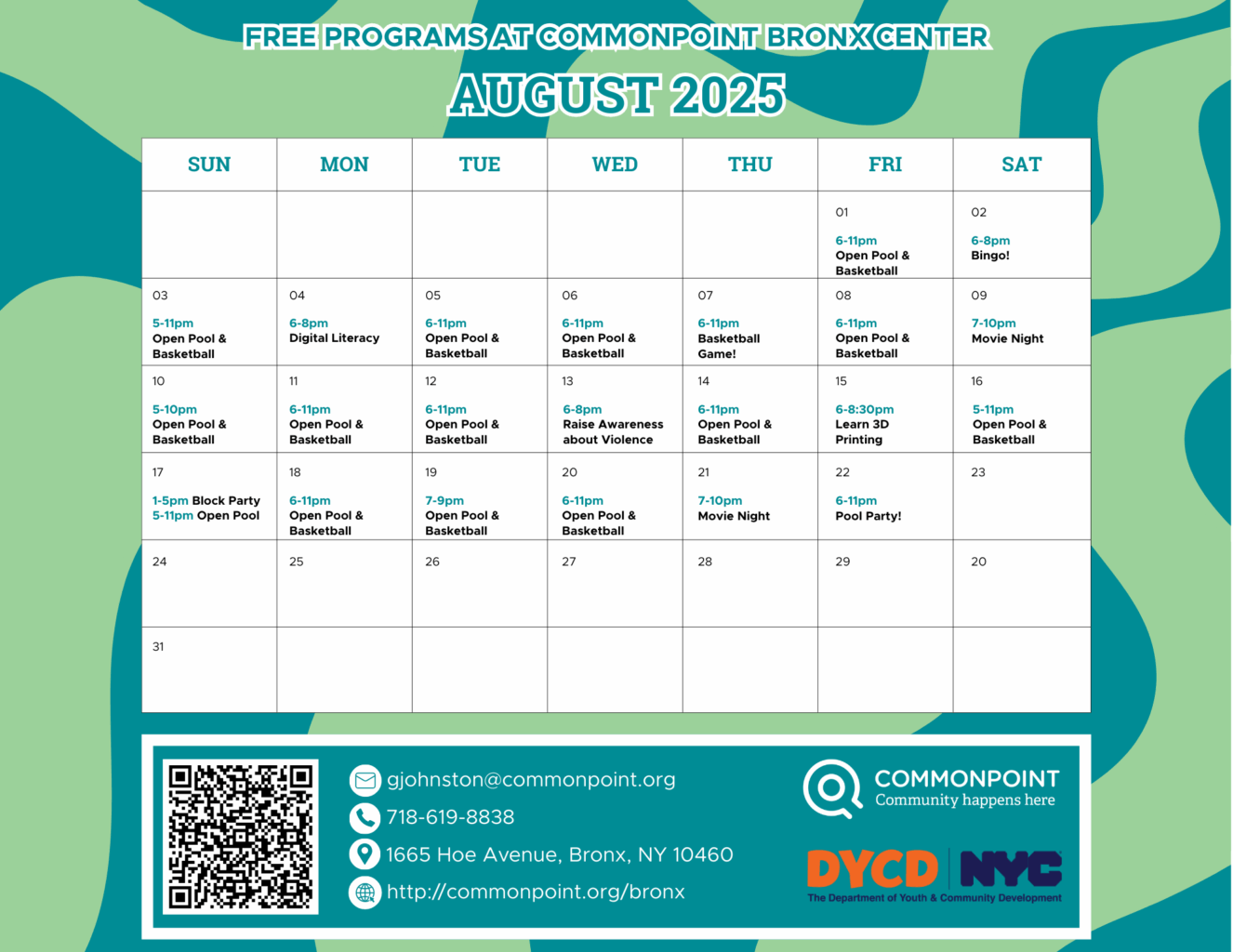 August 2025 calendar of free programs at Commonpoint Bronx Center, featuring pool, basketball, literacy, and family events. Visit the Commonpoint Bronx Center—contact info and QR code included at the bottom.