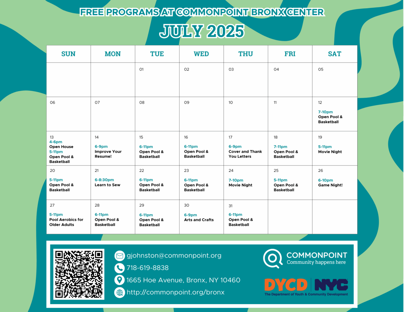 A July 2025 calendar featuring free programs at Commonpoint Bronx Center, including open pool & basketball, workshops, movie night, and arts & crafts. Contact information for Commonpoint Bronx Center is provided at the bottom.
