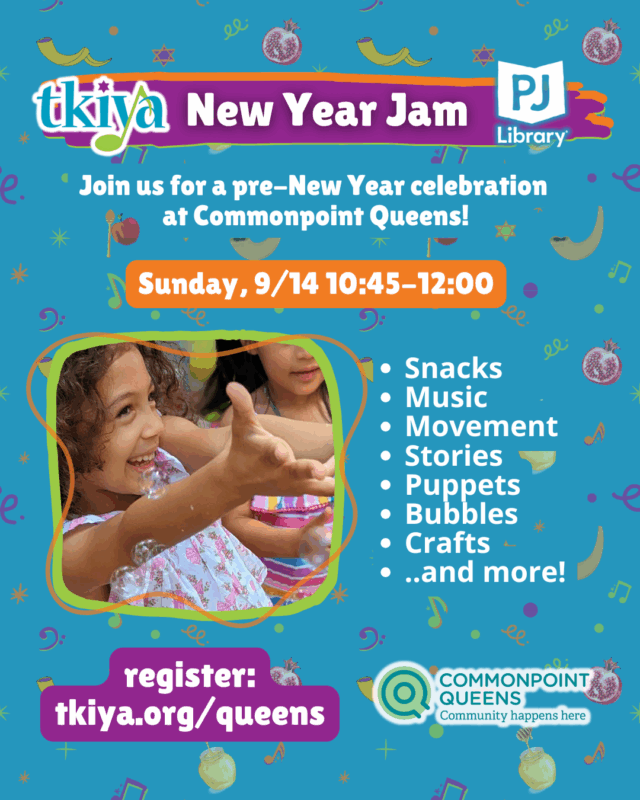 Colorful event flyer for Tkiya’s New Year Jam at Commonpoint Queens, featuring Special Events details, a smiling child playing, list of Cultural Arts activities, and registration info.