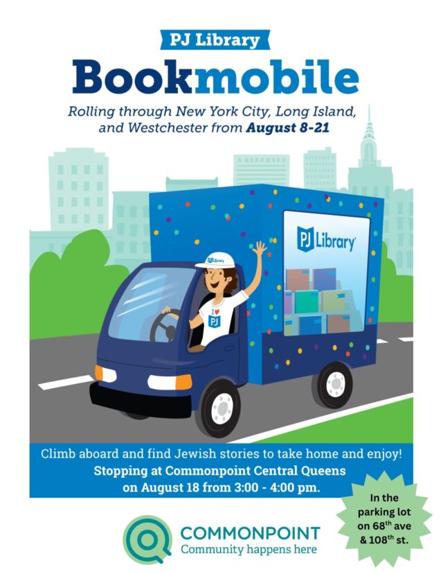 Illustration of a PJ Library Book Mobile with a driver, promoting a book event in Central Queens on August 18 from 3-4 pm, at the Commonpoint parking lot on 68th Ave & 108th St.