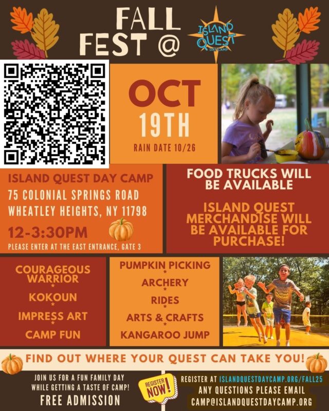 Flyer for HKC Fall Festival at Island Quest Day Camp on October 19th, 12-3:30 pm, featuring activities, food trucks, merchandise, and free admission. Event address and QR code included.