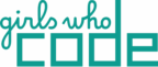 The "Girls Who Code" logo features the organization's name in lowercase, teal-colored text with a handwritten style for "girls who" and block letters for "code," representing empowerment and coding for girls.