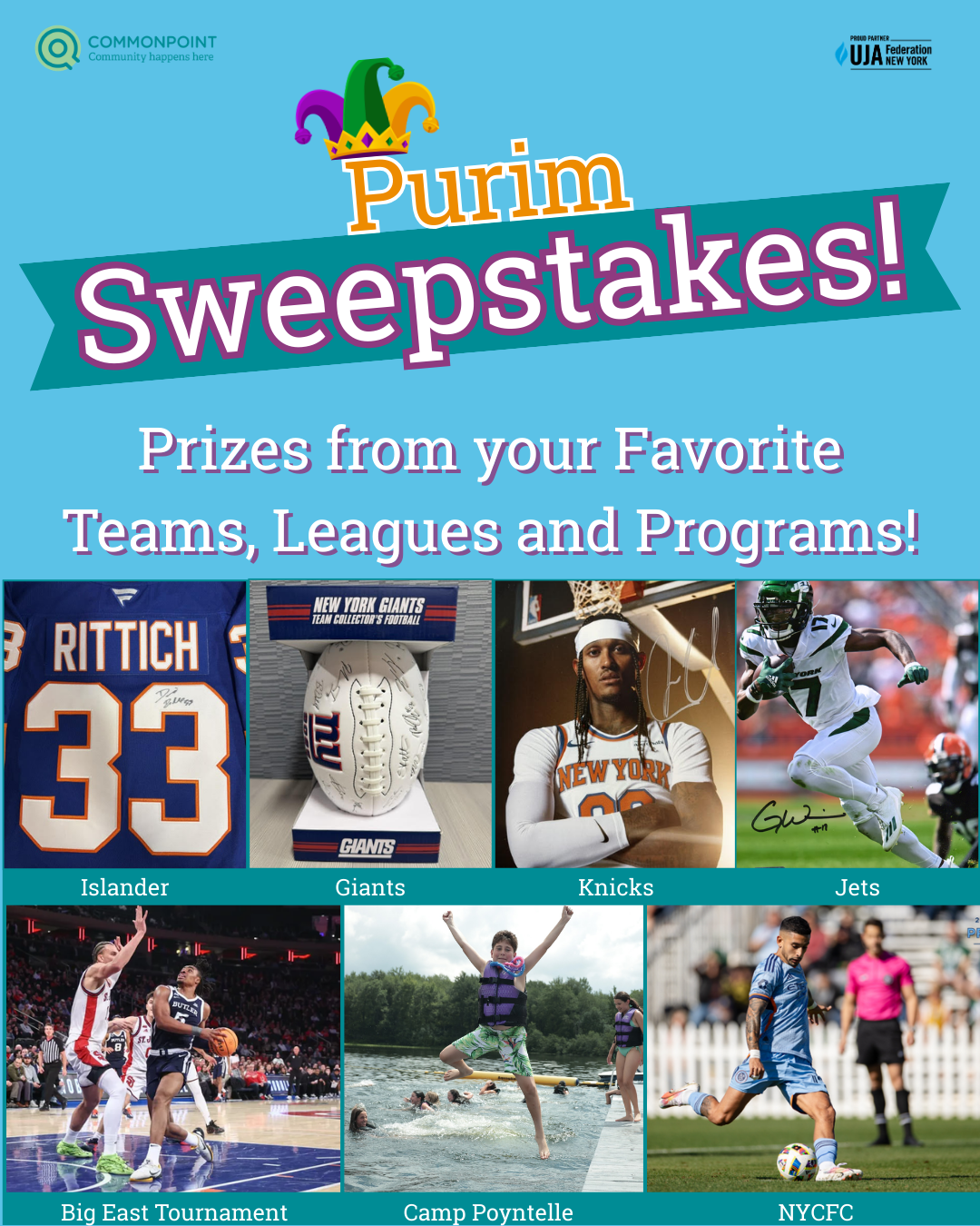 Colorful "Purim Sweepstakes" flyer featuring logos, text about how you can win big with the Commonpoint Purim Sweepstakes, plus photos of jerseys, autographs, and exciting event action shots from top sports teams and programs.