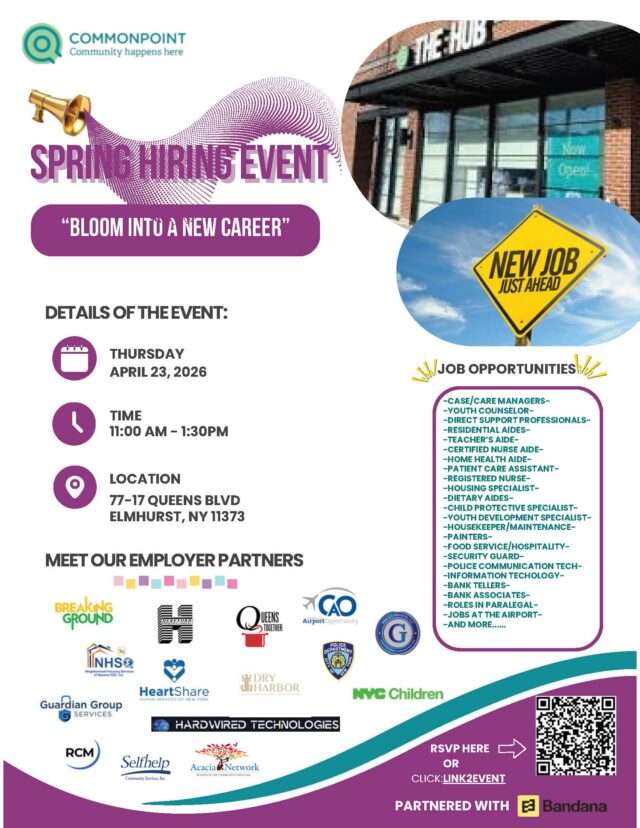 Flyer for the Spring Hiring Event on April 23, 2026, at 77-17 Queens Blvd, Elmhurst, NY—featuring job opportunities and employer partners. RSVP details and QR code included.