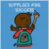 Illustration of a child with pigtails and a backpack raising one arm under the text “SUPPLIES FOR SUCCESS” on a blue background, capturing the excitement of Backpack Packing and gathering essential school supplies.