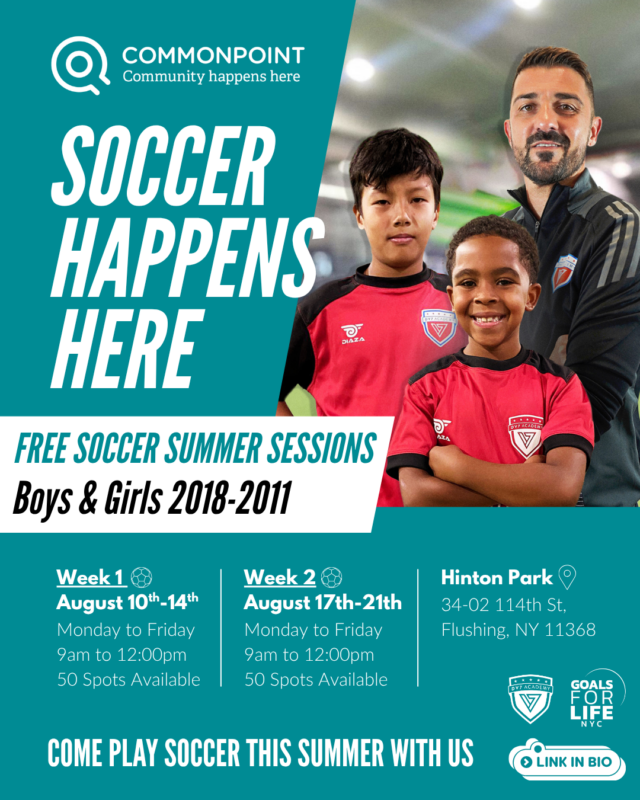 Three boys with a coach stand on a soccer field, promoting DV7 FREE Soccer Sessions for kids at Hinton Park in Flushing, NY, with details on dates, times, and sign-up information.