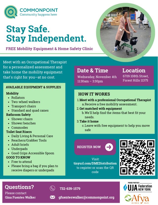 Flyer for a free Commonpoint mobility equipment clinic on November 4th featuring Afya home safety supplies, with event details and registration via QR code and URL.