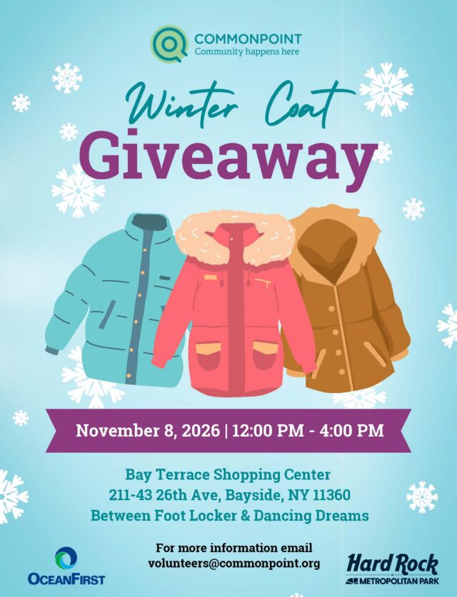 Winter coat giveaway on November 8, 2026, from 12:00 PM to 4:00 PM at Bay Terrace Shopping Center, 211-43 26th Ave, Bayside, NY, providing essential winter clothing assistance.