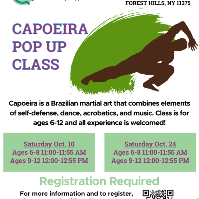 Fall fun flyer for a Capoeira pop-up class at Commonpoint Central Queens, listing dates on October 10 and 24, age groups, registration info, a QR code, and contact details.