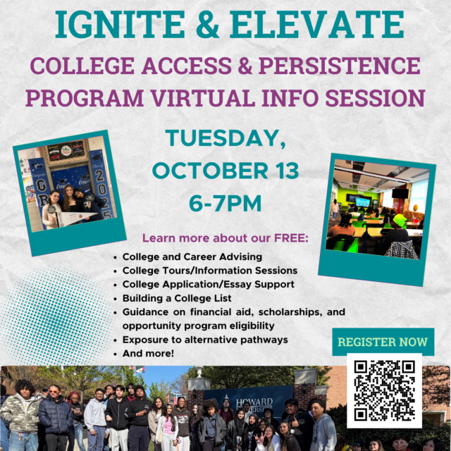 Flyer for Commonpoint’s Ignite & Elevate Virtual Info Session on College Access, Oct 13, 6-7pm—includes program details, photos, QR code to register, and a contact email.